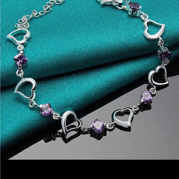 NEW 925 Sterling Silver Heart Purple Bracelet - Picture 5 of 8